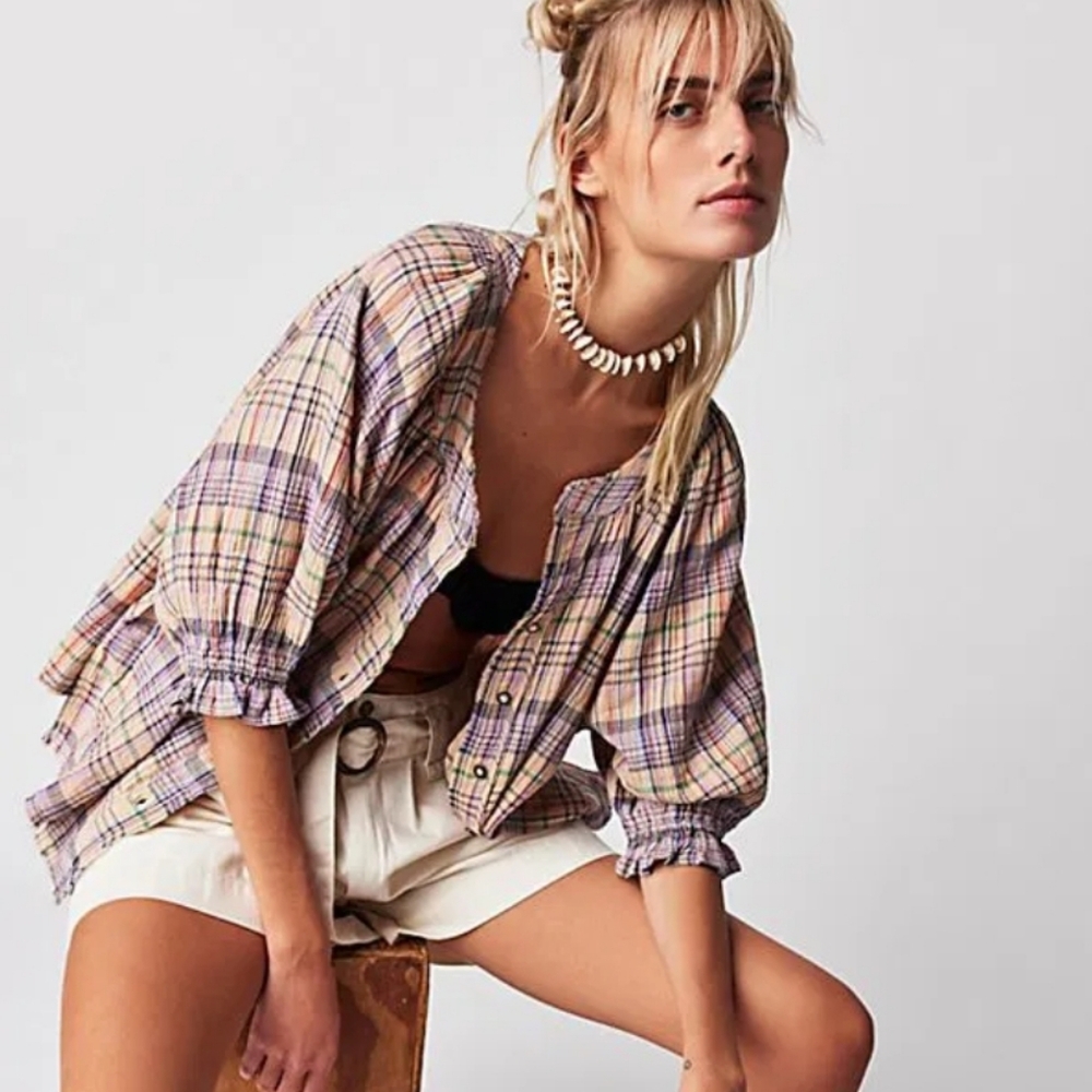 We The Free Lucy Plaid Swing Button-Up Blouse Size XS